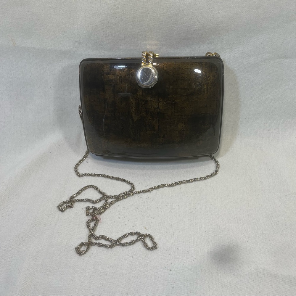 Vtg Japelle by Jane Shilton Bronze Hardshell Evening Bag w/ Chain